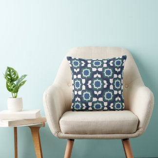Coussin Carrelage Méditerranéen Rétro Bleu Nuit Blanc