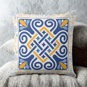 Coussin Carrelage vintage Méditerranée Bleu & Or Floral