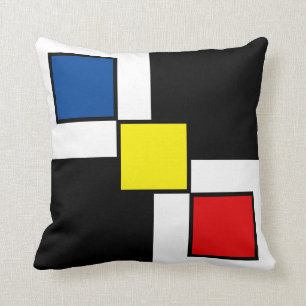 Coussin Carrés Bleus Rouges Jaunes sur Fond Noir Blanc