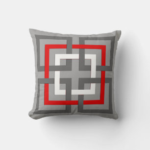 Coussin Carrés géométriques modernes, gris, rouge et blanc