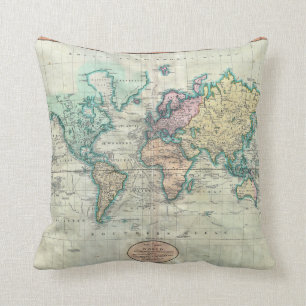 Coussin Carte 1801 de Cary du monde sur la projection de