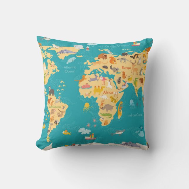 Coussin Carte animale du monde pour des enfants (Recto)