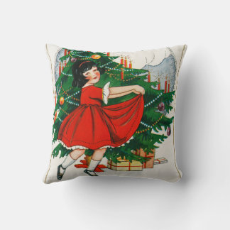 Coussin Carte de Noël rétro, enfant et arbre de Noël