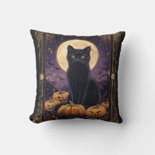 Coussin Carte de tarot thématique Halloween avec un chat n