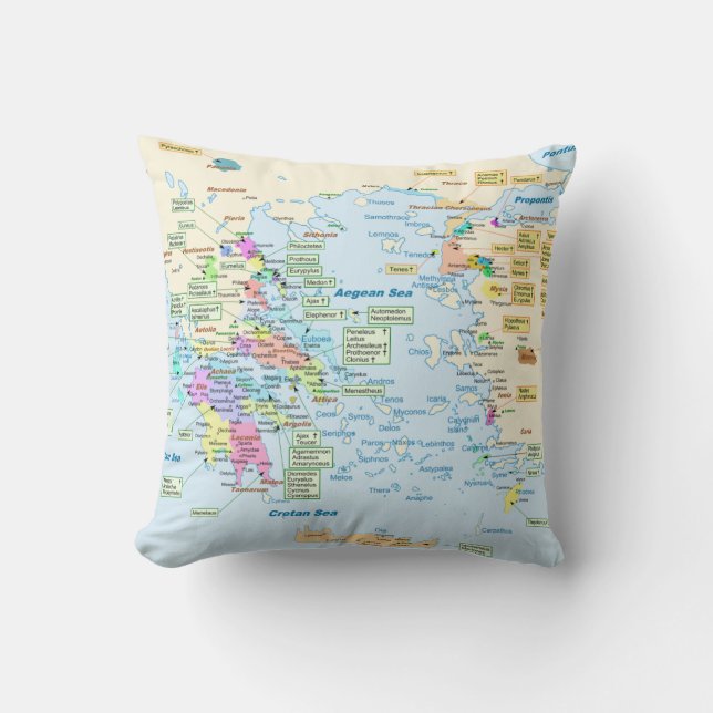 Coussin Carte d'ère homérique Grèce avec les étiquettes (Recto)