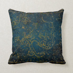 Coussin Carte des étoiles vintage illustrée bleu foncé et 