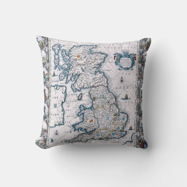 Coussin Carte du 17ème siècle de l'Angleterre (Recto)
