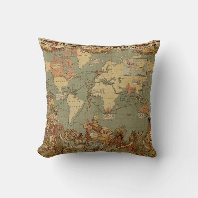 Coussin Carte du monde Antique 1886 Illustré (Recto)