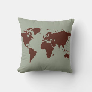 Coussin carte du monde brun stylisé