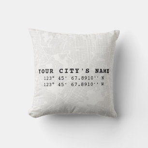 Coussin Carte et coordonnées personnalisées  Noir et bla