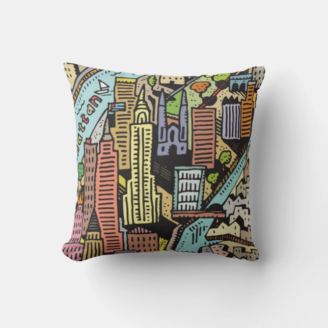 Coussin Carte tirée par la main de New York City (Recto)