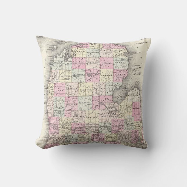 Coussin Carte vintage du Michigan (1855) (Recto)