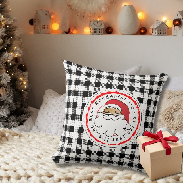 Coussin Carton de Noël Ethnic Père Noël noir blanc plaid (Créateur téléchargé)