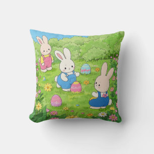Coussin Cartoon lapins de Pâques cachant des oeufs dans un