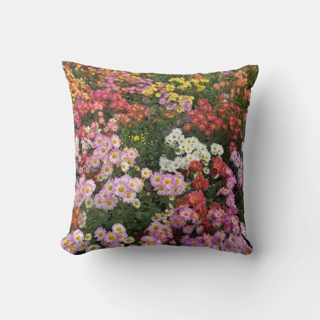 Coussin Cas de Flowers pillow, orange, jaune, rose daisies (Recto)