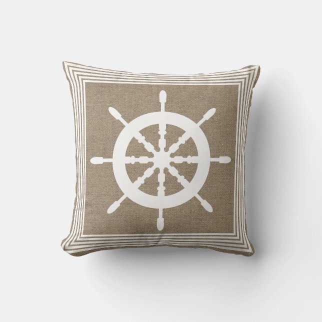 Coussin Casque Nautique Blanc & Faux Burlap (Recto)
