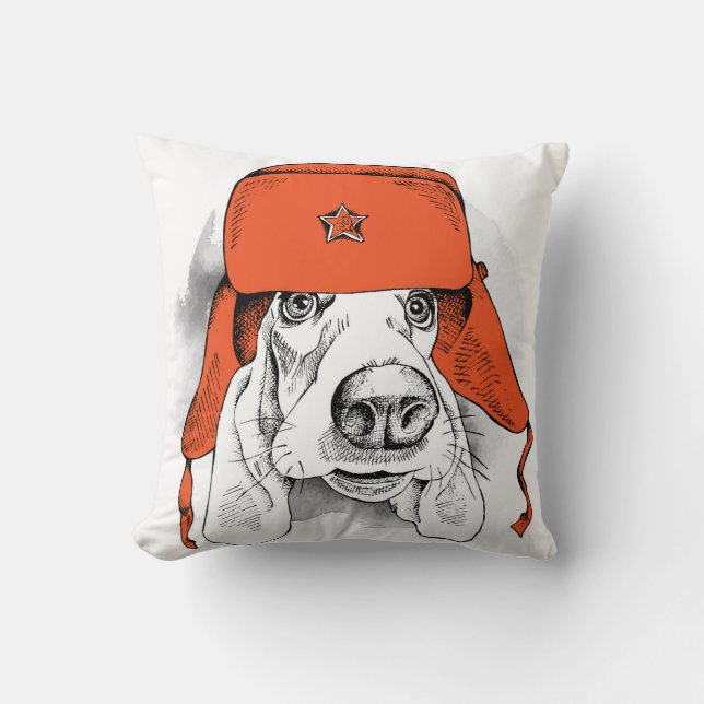Coussin Casquette rouge de Basset Hound | Ushanka (Recto)