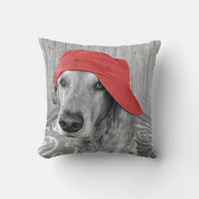 Coussin casquette rouge sur golden retriever (Recto)
