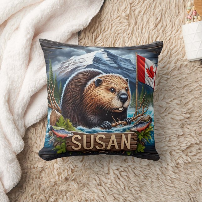 Coussin Castor canadien près de l'eau avec drapeau Feuille (Couverture)
