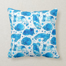 Cat Dream Stars Watercolor Chats Motif Bleu blanc