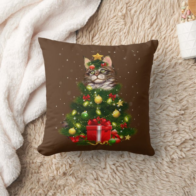 Coussin Cat Maine Coon Cat Xmas Tree Lights Cat Lover Ugly (Couverture)