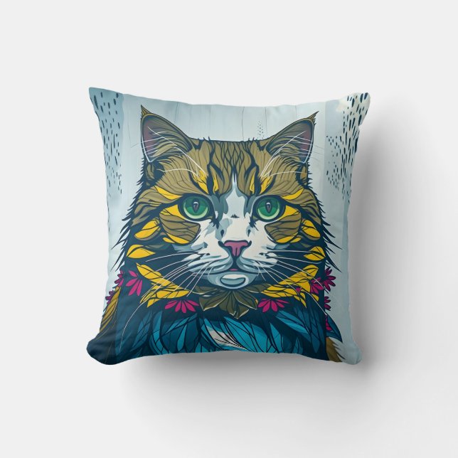 Coussin Cat That Ate The Canary | Colorful Feather Art (Recto)