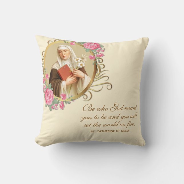 Coussin Catherine de Sienne Citation de prière Roses relig (Recto)