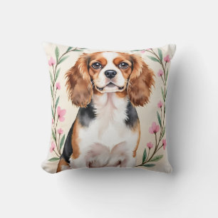 Coussin Cavalier King Charles Spaniel Aquarelle Florale 