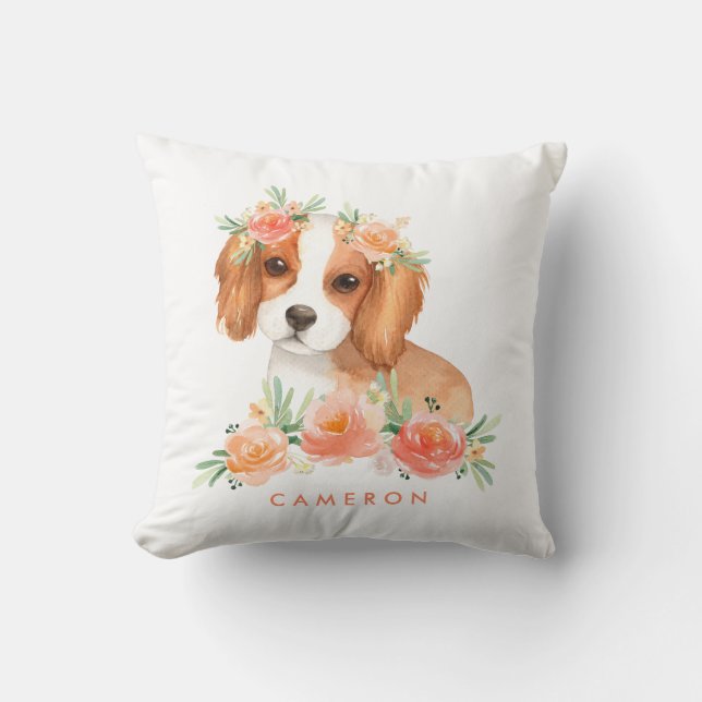 Coussin Cavalier King Charles Spaniel Peach Floral Nursery (Recto)