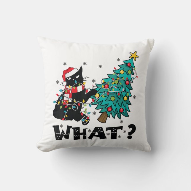 Coussin Ce drôle Chat Noir Père Noël Poussant Arbre de Noë (Recto)