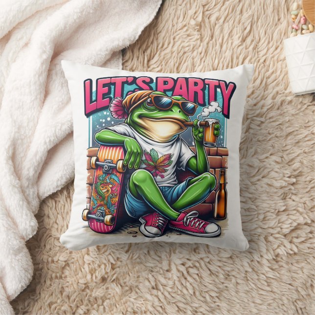 Coussin Célébration avec une grenouille cool sur un skateb (Couverture)