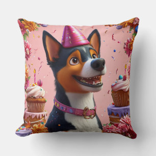 Coussin Célébration d'anniversaire avec un chien heureux