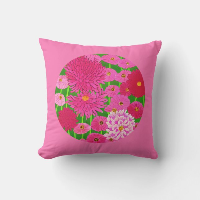 Coussin Cercle de fleurs, Chrysanthèmes rose Fuchsia (Recto)