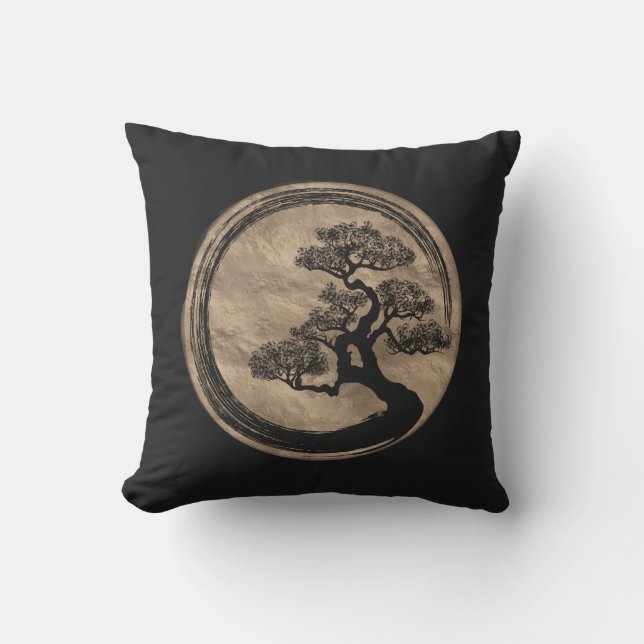 Coussin Cercle de zen d'Enso et or d'arbre de bonsaïs (Recto)