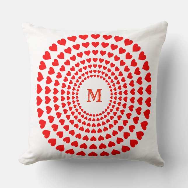 Coussin Cercles de Coeur Rouge Mandala en Blanc (Recto)
