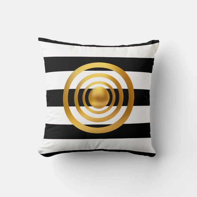 Coussin Cercles dorés sur rayures noires et blanches (Recto)