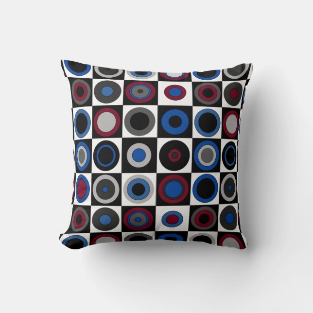 Coussin Cercles et carrés (rouge, bleu, blanc, noir+Gris) (Recto)