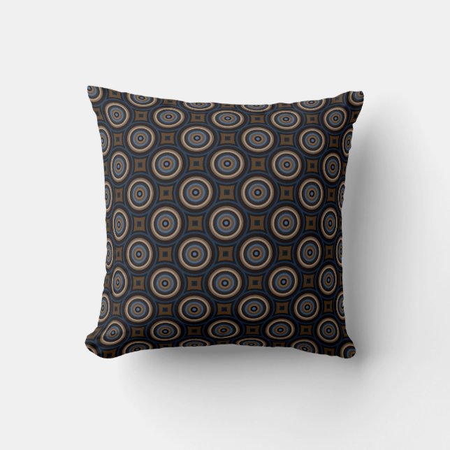 Coussin Cercles rétro et Carré Marine Bleu Brown élégant (Recto)