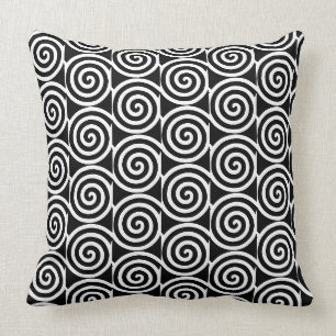 Coussin Cercles Spirales Abstraits Élégants en Noir et Bla
