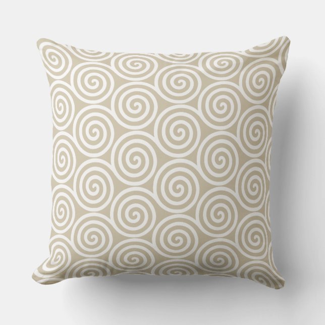Coussin Cercles spiraux Abstraits en Sable Beige & Blanc (Recto)