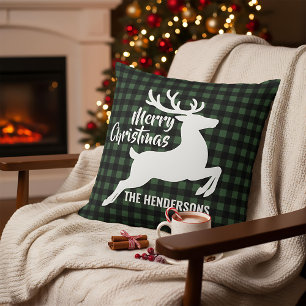 Coussin Cerf de Joyeux Noël Plaid Vert & Noir Nom