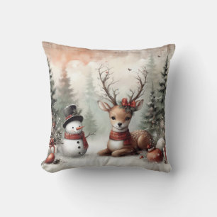 Coussin Cerf de Noël/bonhomme de neige en bois classique
