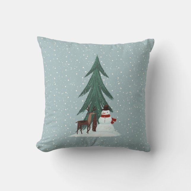 Coussin Cerf et Snowman dans les flocons de neige Jeter l' (Recto)