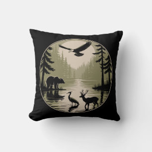 Coussin Cerf Ours Aigle Lune Forêt Silhouette
