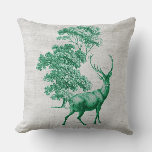 Coussin Cerf rustique sur toile Grain Sack Vert (Recto)