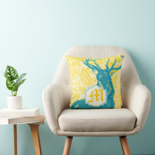 Coussin Cerf turquoise sur le motif Floral Vintage jaune