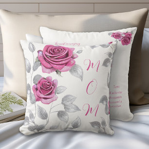Coussin Cerise Rose Rose Feuille Argent Amour de Maman