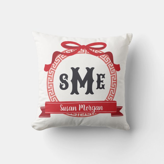 Coussin Cerise rouge à motif grec sur l'anse monogramme (Recto)