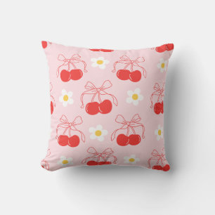 Coussin Cerise Rouge Coquette Nœud Fleurs de Marguerites F