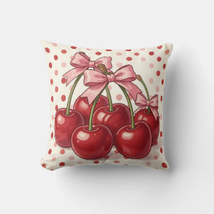 Coussin Cerises Rouges Douces Rubans Roses Rétro Points